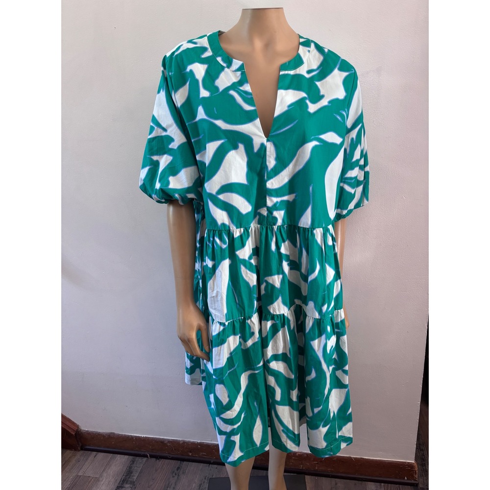 Chico's Green White Abstract Leaf Tiered Midi Dress Puff Sleeve Sz 16